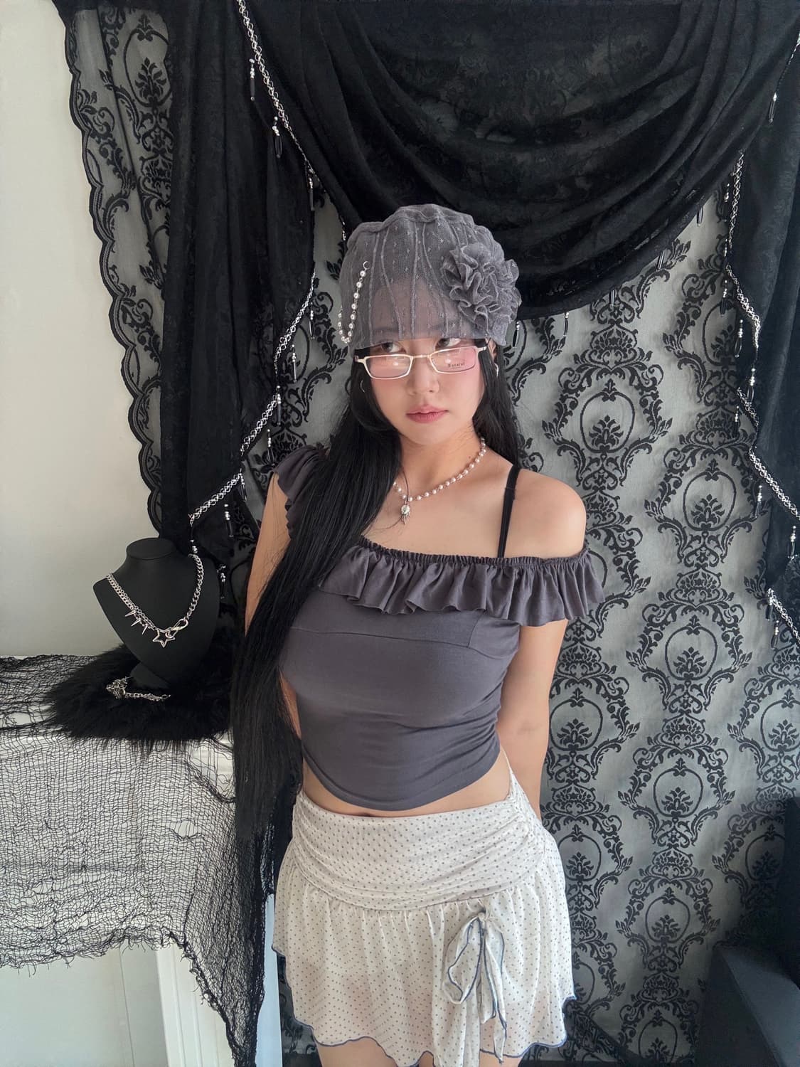 로즈 레이스 진주체인 코사지 시스루 비니 상품이미지9