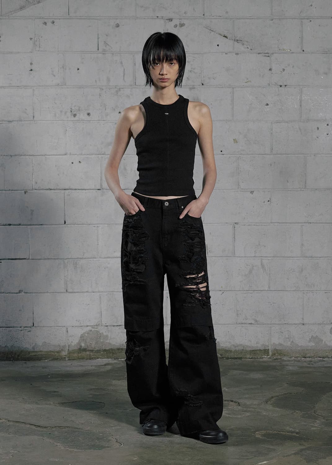 [새상품] 보헤미안서울 보헴서 니 오픈 립트 와이드 데님팬츠 블랙 상품이미지2