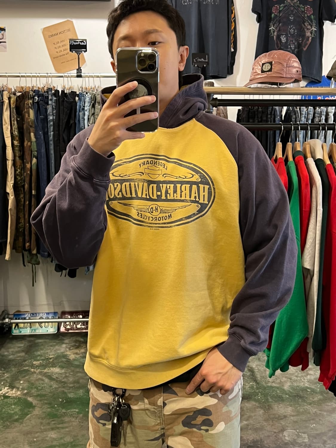 00s [L] 할리데이비슨 레전더리 래글런 배색 후드티셔츠 상품이미지3