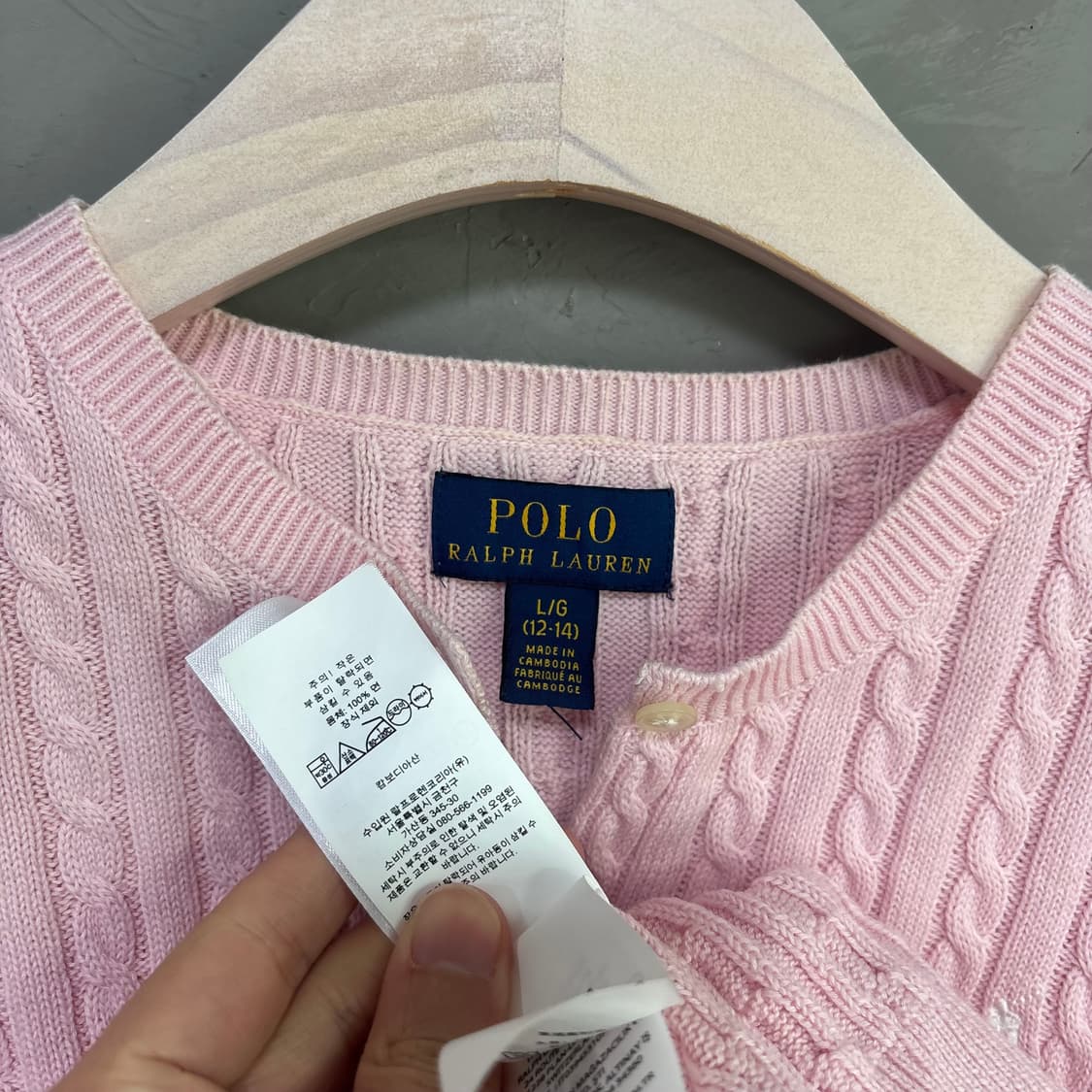 폴로 랄프로렌 꽈배기 니트 가디건 연핑크 딸기우유 상품이미지3