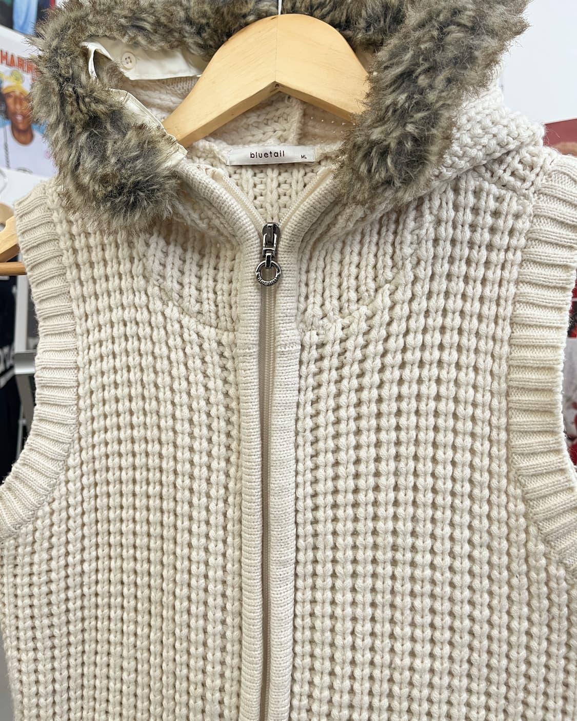 올드 빈티지 퍼 후드 니트 조끼 집업 아이보리 상품이미지6