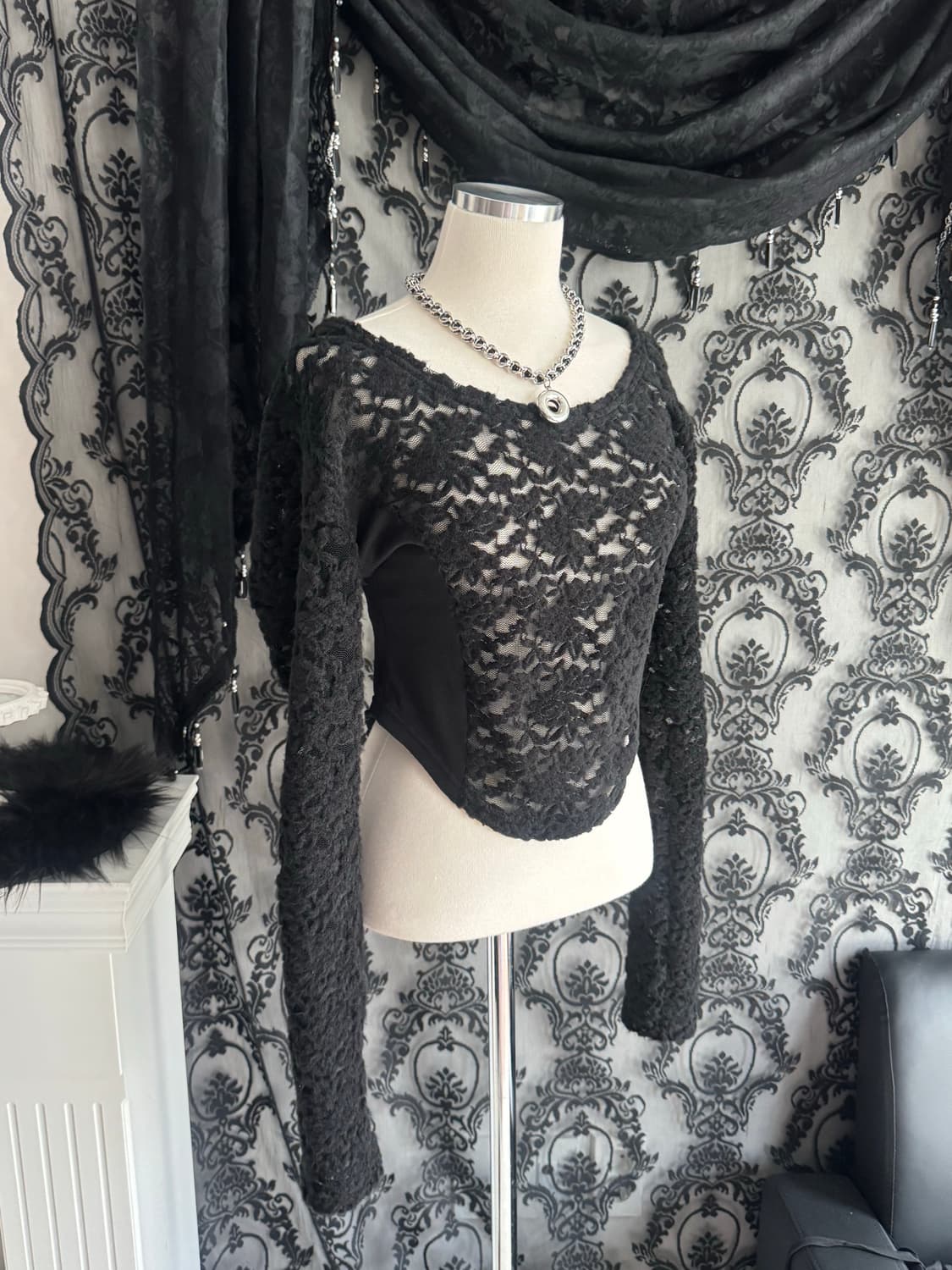 플라워 시스루 바디수트핏 티셔츠 상품이미지4