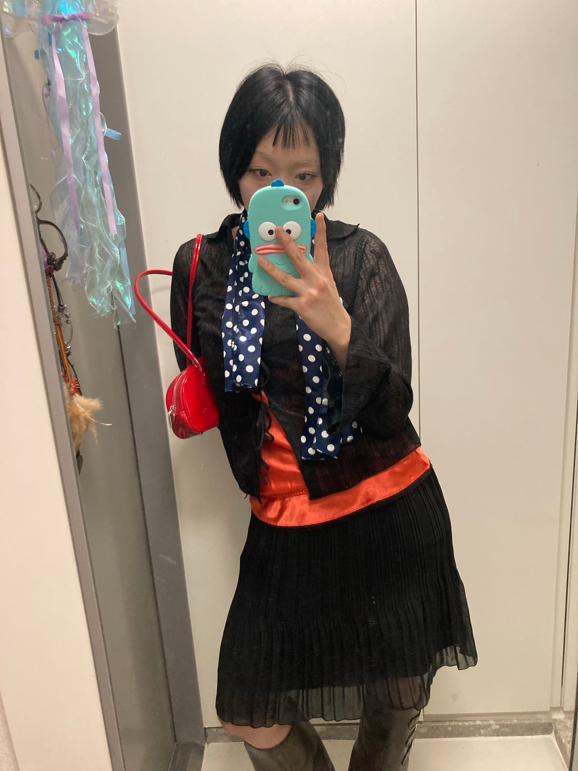 긱시크 고딕펑크 갸루 지뢰계 슬리브리스 시스루 가디건 레드 유광 숄더백  상품이미지2