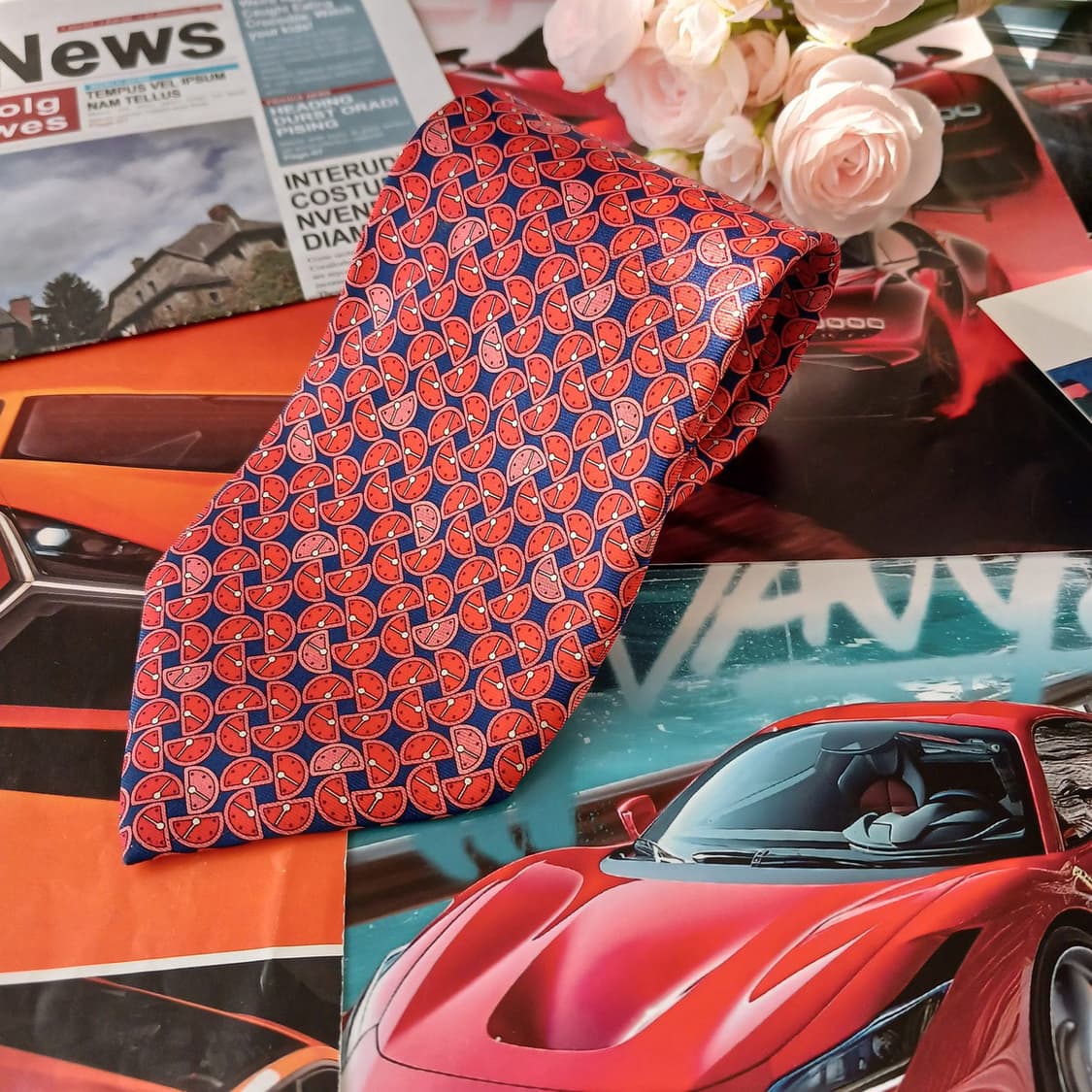 던힐 실크 레드&네이비 과일 시계 넥타이 9.6cm A+등급 A19034 상품이미지2