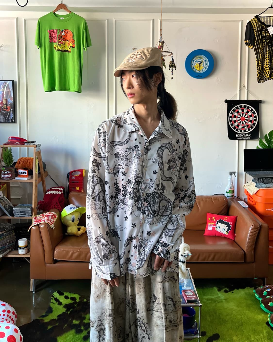 JPN Vintage Dragon & Sakura Print Shirt 상품이미지2