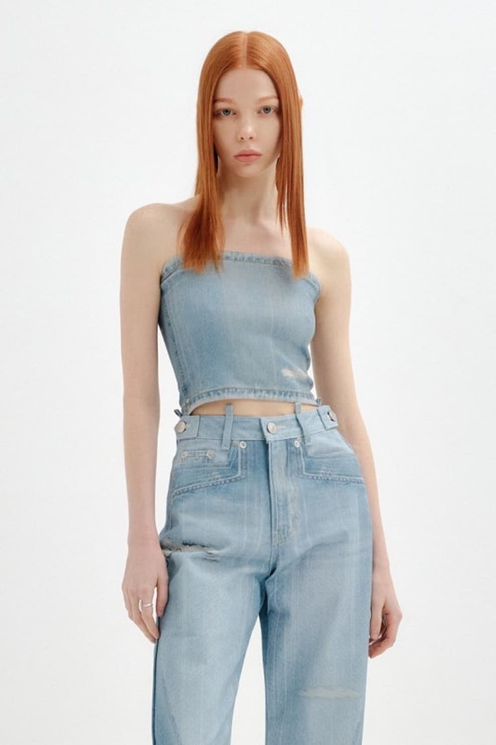 Yuse 유즈 프린트 데님 튜브탑 슬리브리스크롭연청프린팅포켓로고셋업중청청 상품이미지1