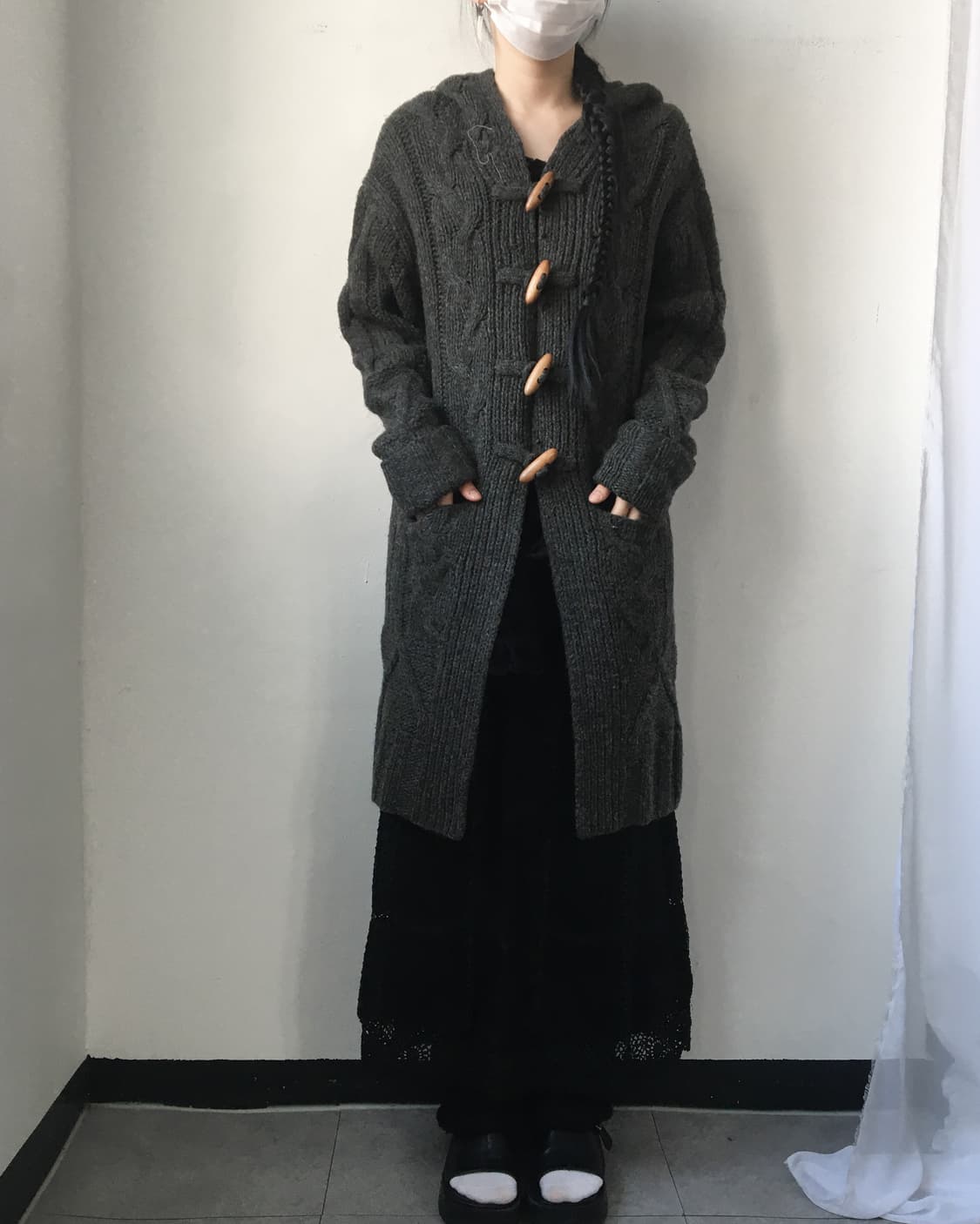 Duffle button cable pattern hood cardiga 상품이미지5