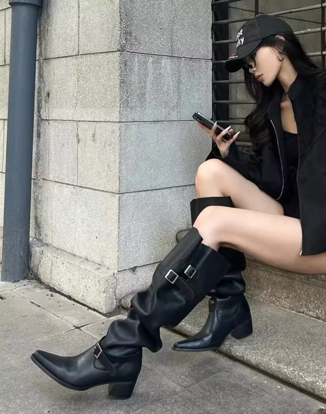 벨트 버클 스트칭 롱부츠  상품이미지1