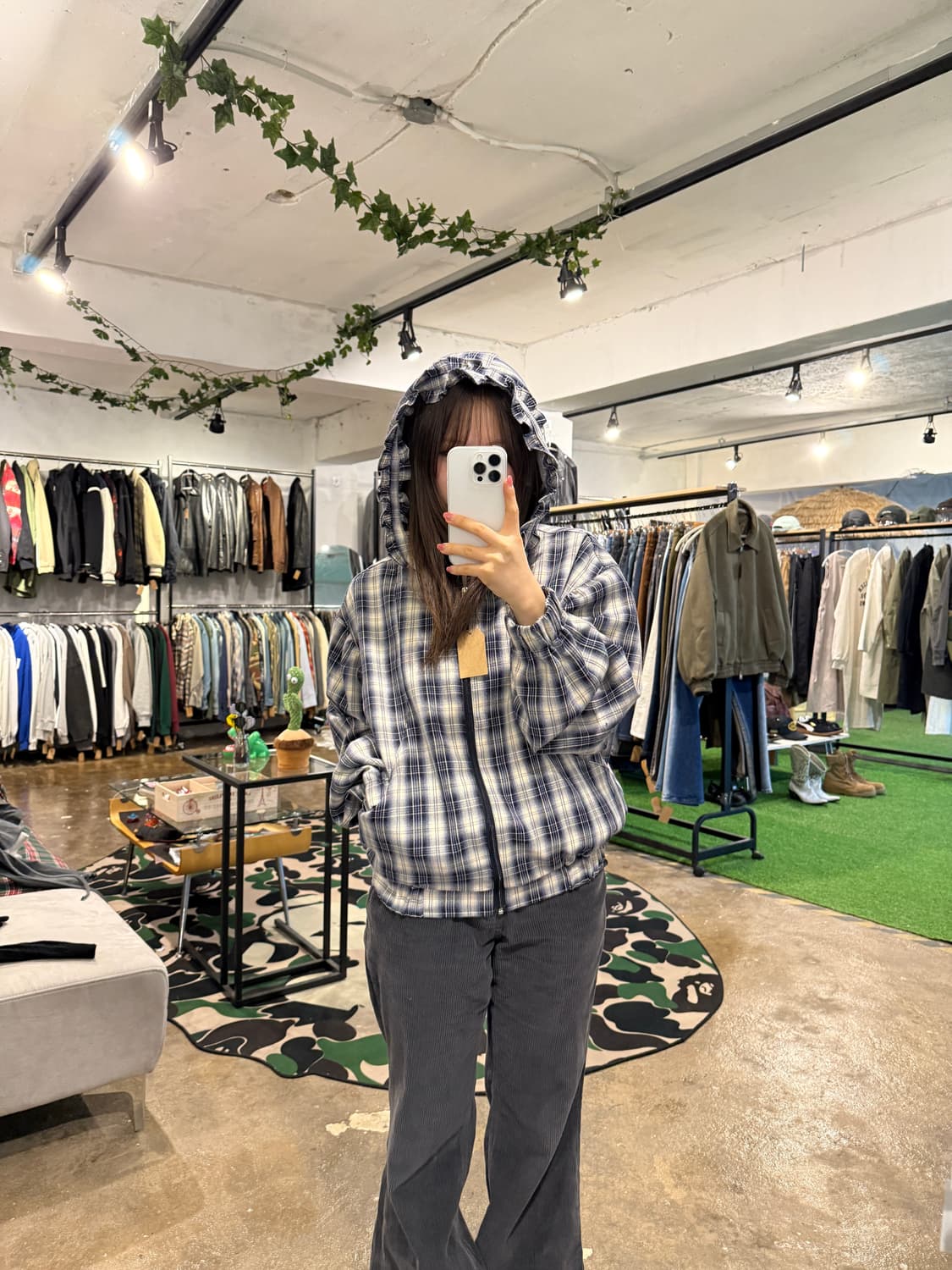 애즈카키(ASKHAKI) 셔링 후드 체크 자켓 상품이미지1