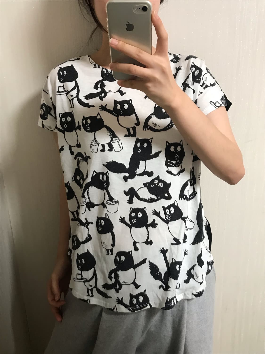 일본빈티지 모리걸 고양이 패턴 반팔 티셔츠 상품이미지1