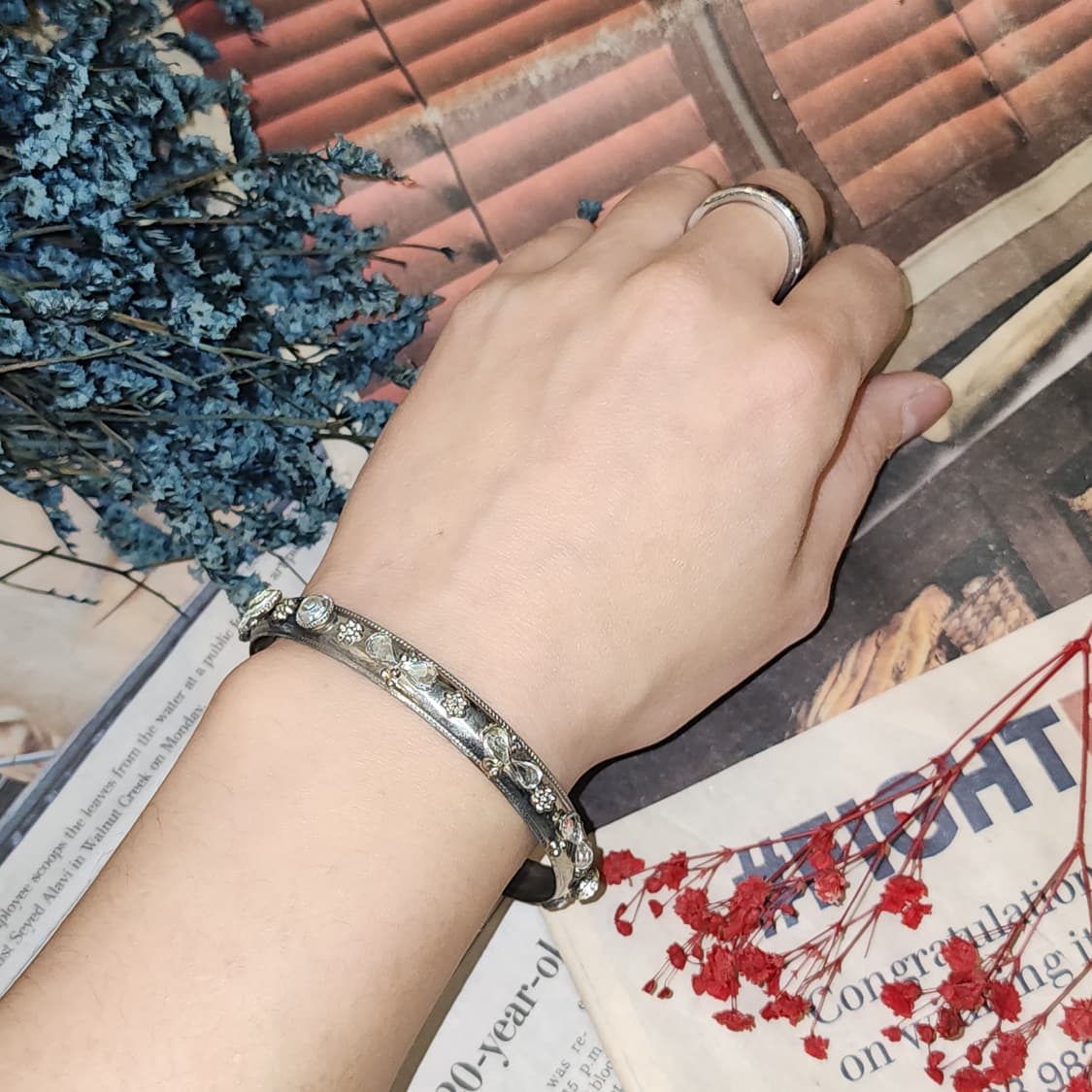 90s 프랑스 빈티지 팔찌 빈티지 실버 플로럴 뱅글 팔찌 엔틱 쥬얼리 상품이미지7