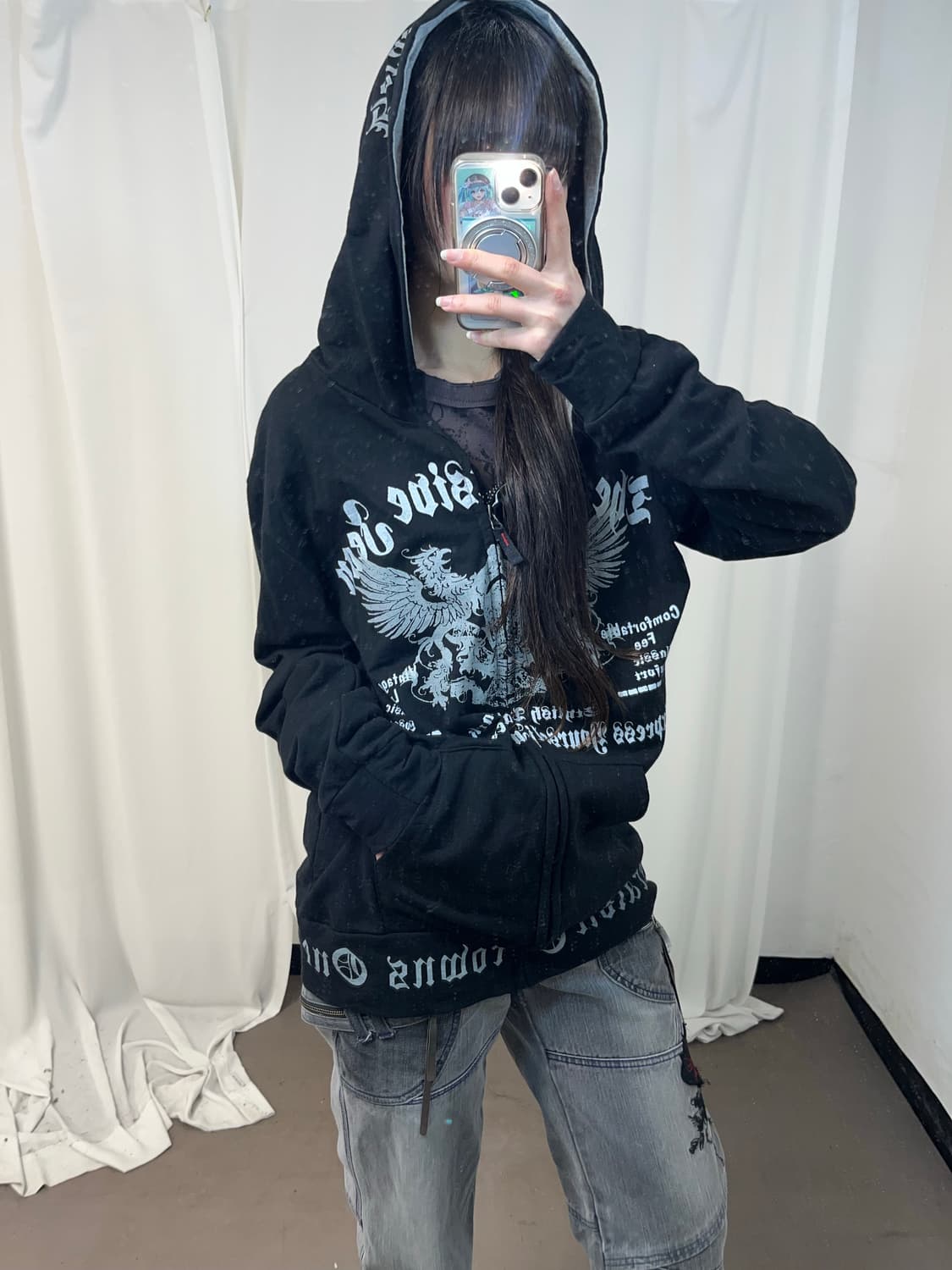 블랙 펑크 프린팅 후드집업 상품이미지2