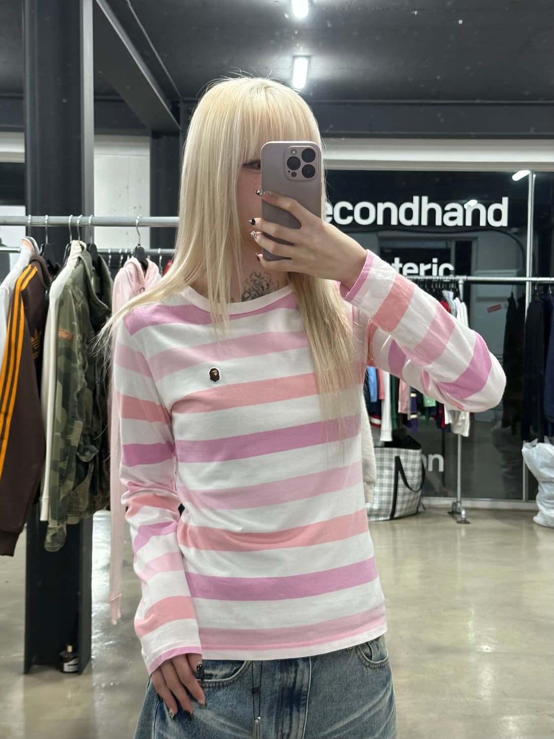  베이프 마일로 미니자수 스트라이프 핑크 긴팔 슬리브 상품이미지1