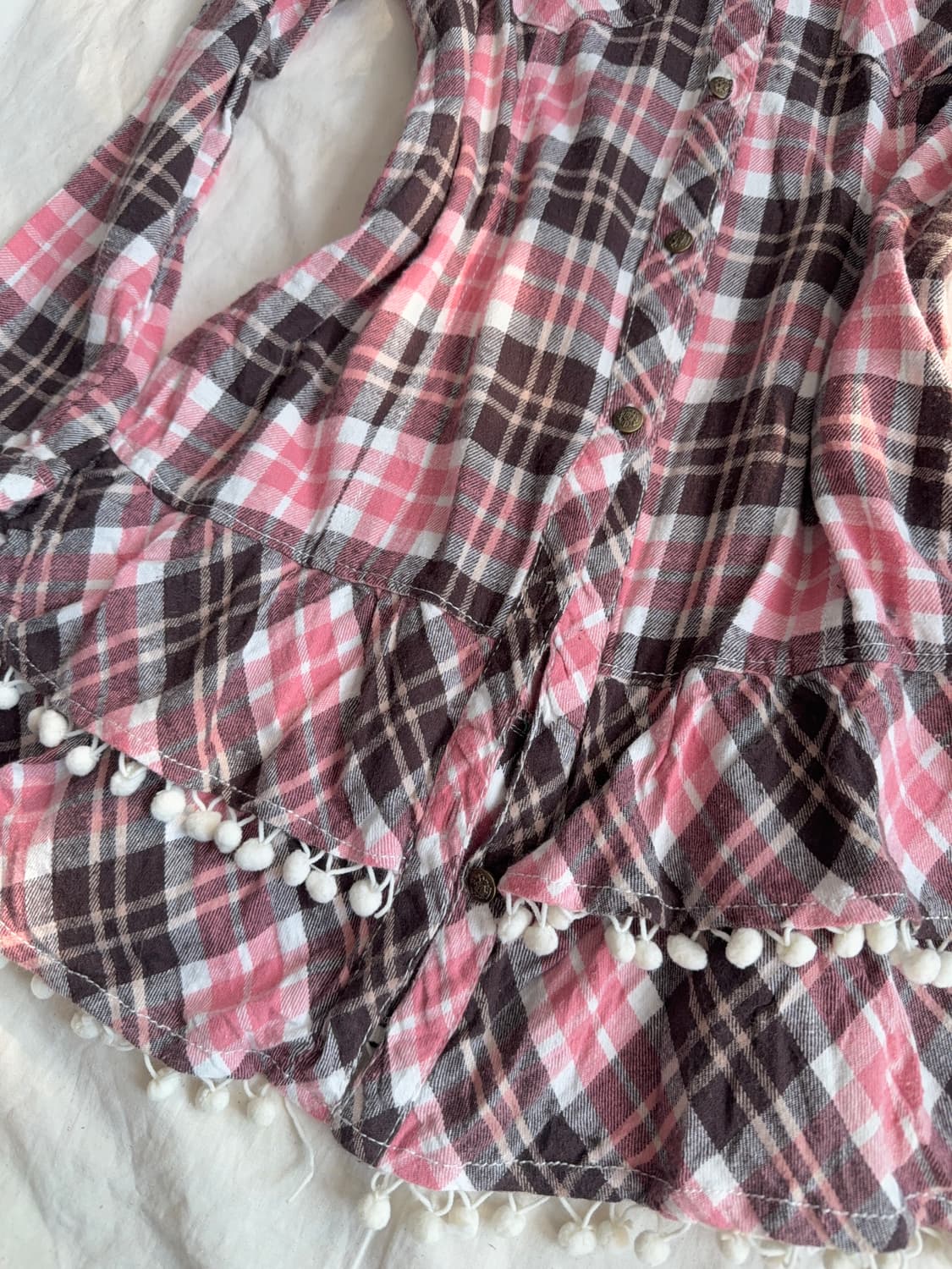 모카라떼 갸루 러블리 체크 폼폼 셔츠 원피스 상품이미지3