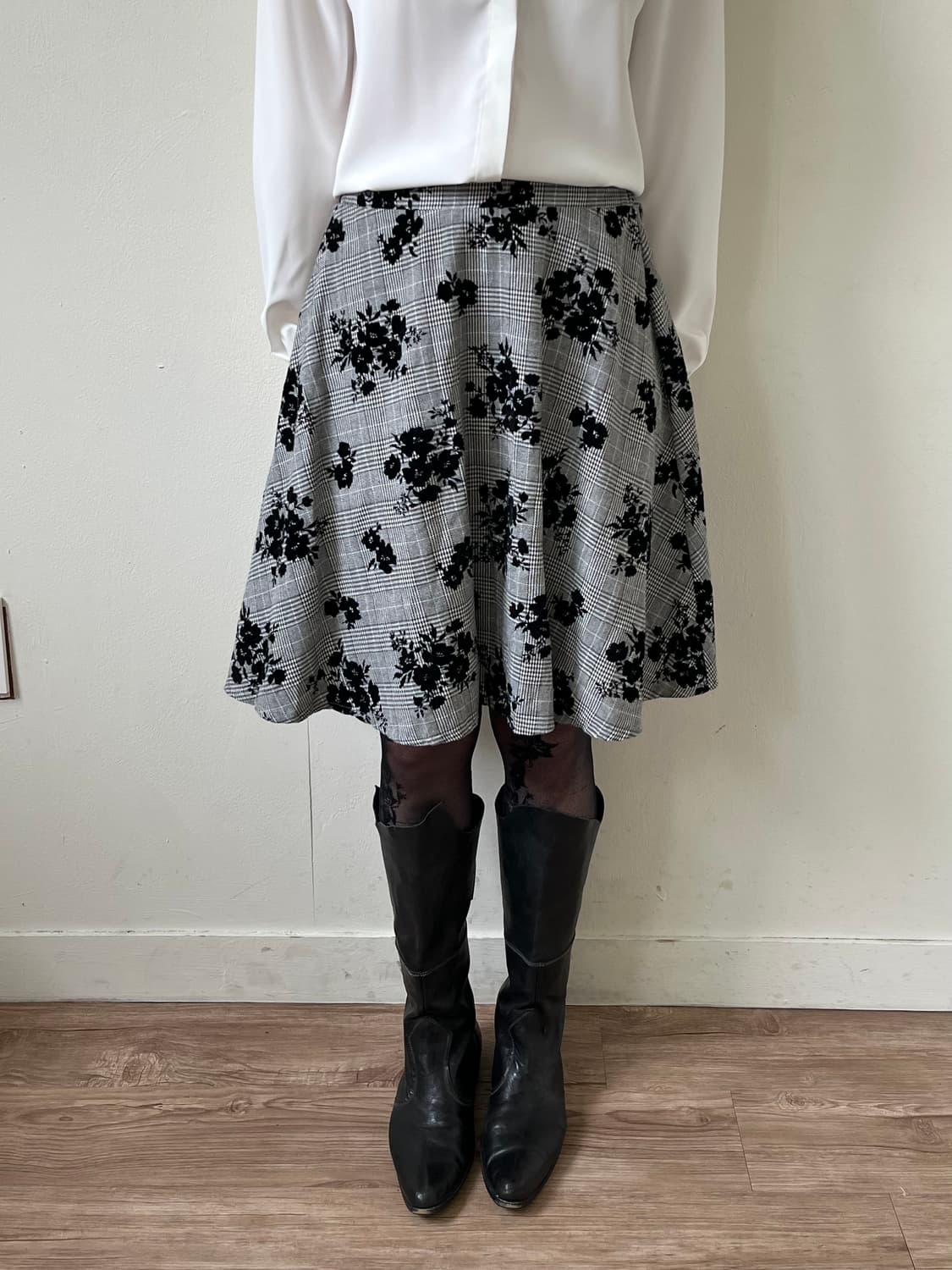 Japan vtg 체크 벨벳 플라워 스커트 상품이미지4