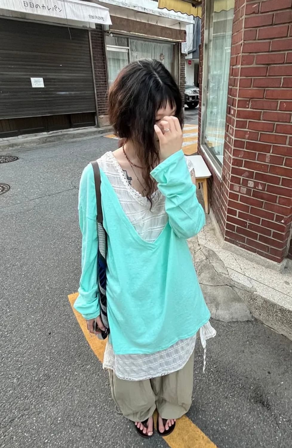 모래하우스 슈가 브이넥 민트 오버핏 티셔츠 상품이미지2