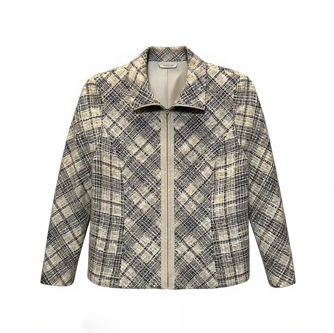 JPN VINTAGE 트위드 집업 자켓 하이넥 체크 패턴 디테일 아이보리 상품이미지1