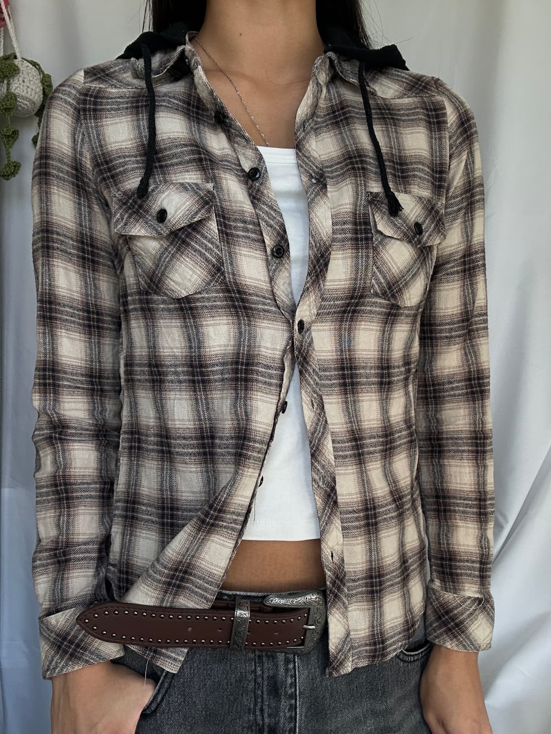 빈티지 코튼 후드 체크 긴팔셔츠 상품이미지2