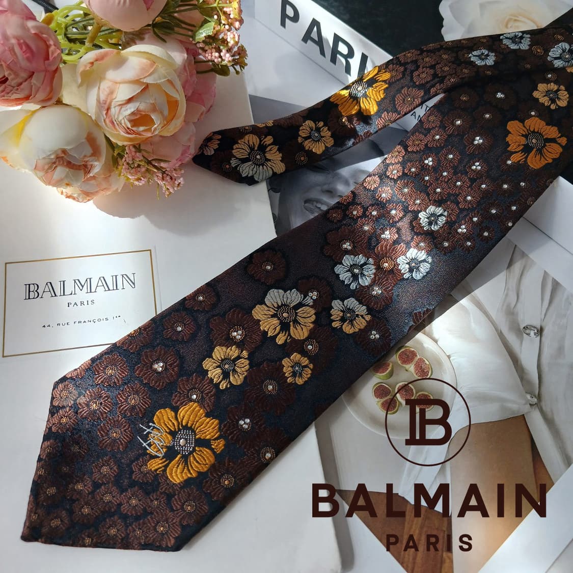피에르 발망 실크 플라워 패턴 넥타이 9.1cm S~A+등급 E796
 상품이미지2