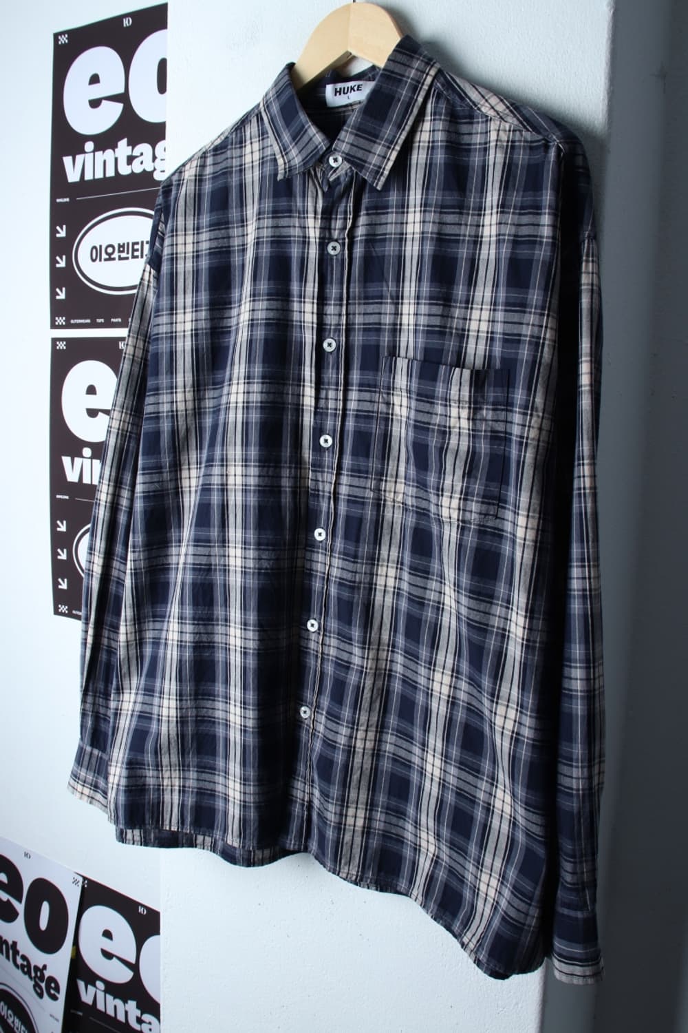 (L-XL) 후크 셔츠 남방 오버핏 체크 네이비 아메카지-H3H33958 상품이미지1