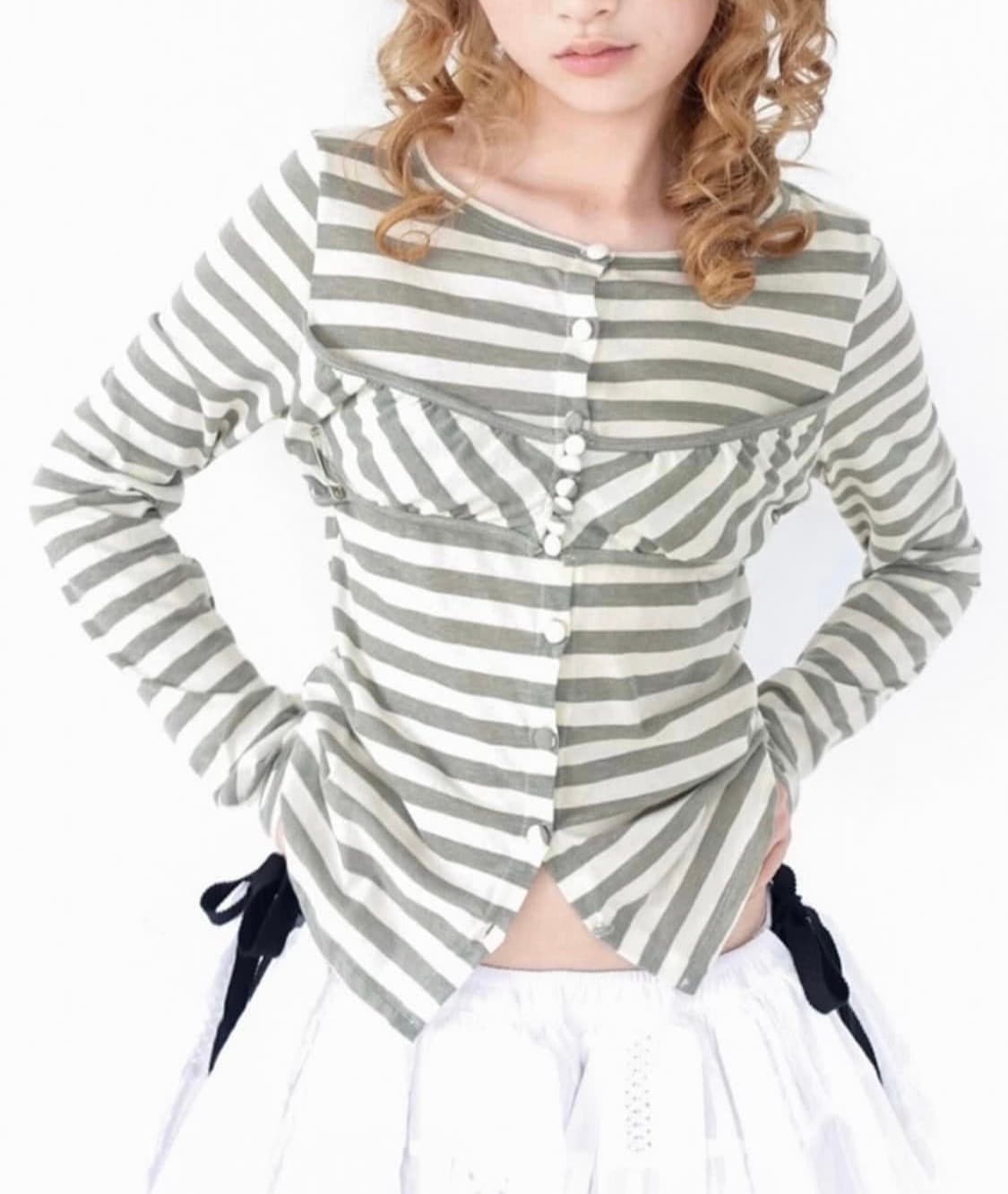 샵페어리 스트라이프 버튼가디건 카키 상품이미지1