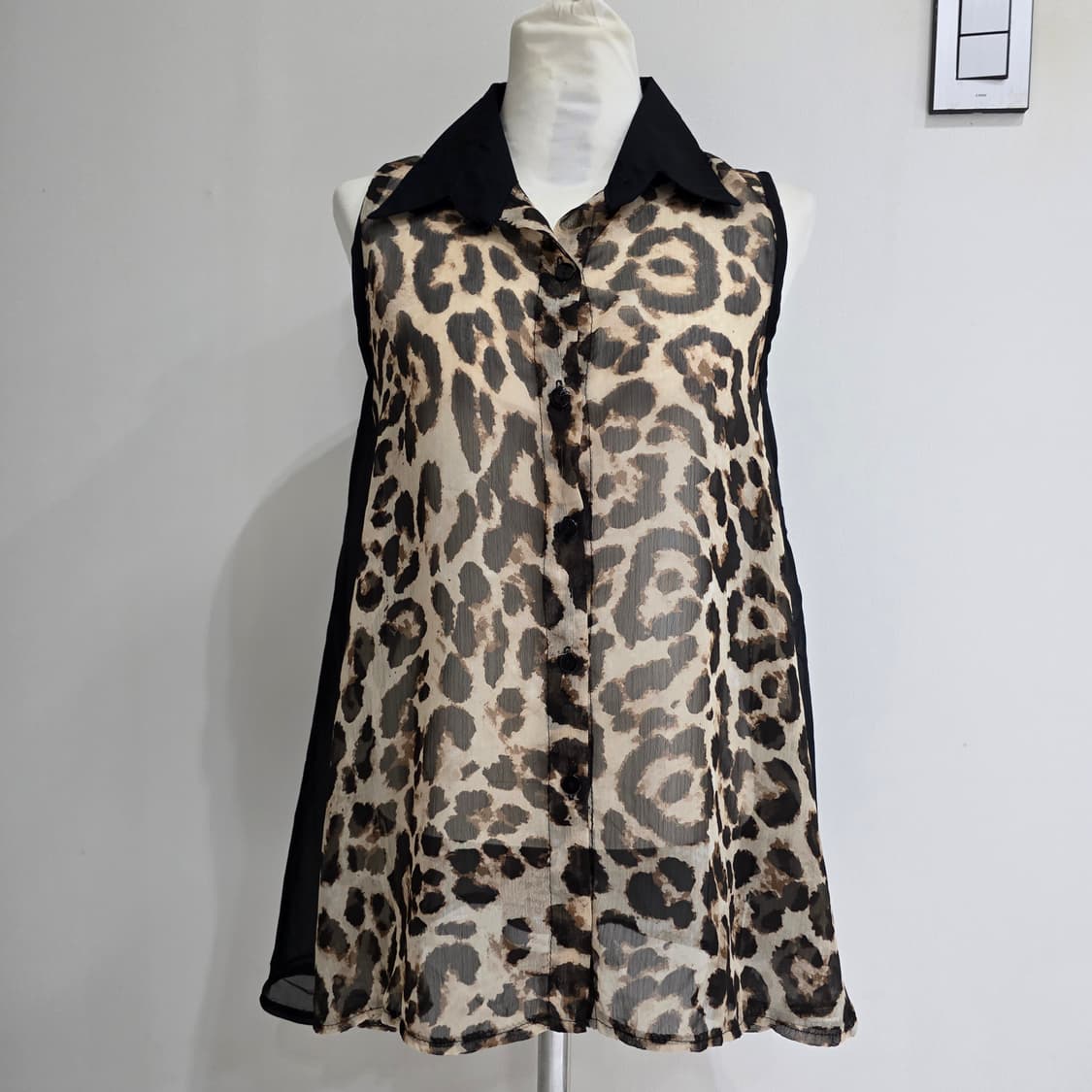 빈티지)레오파드 호피오네갸루 시스루 카라넥 슬리브리스민소매블라우스 상품이미지1