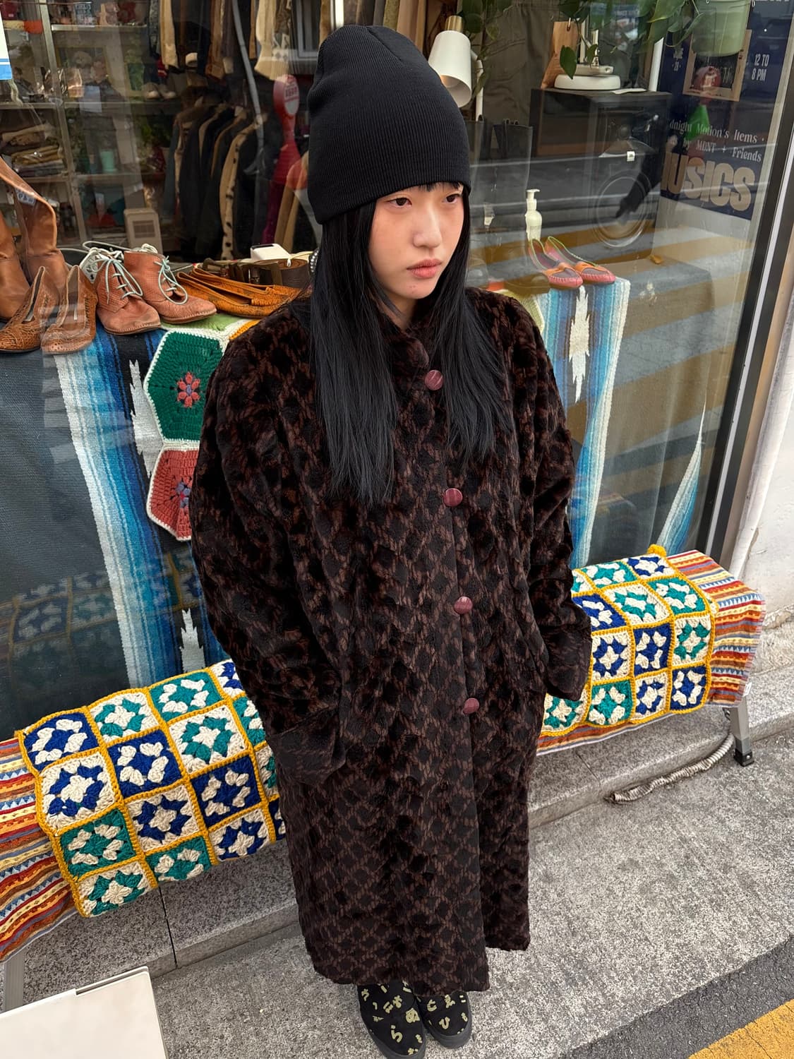 Deep Brown Patterned Faux Fur Long Coat 상품이미지2