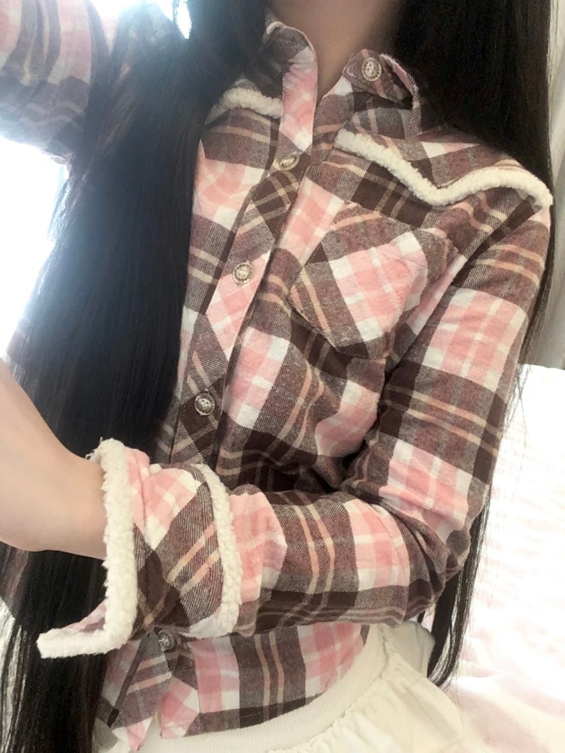 딸기초코 깅엄체크 퍼 셔츠 라떼갸루 모리걸 상품이미지7