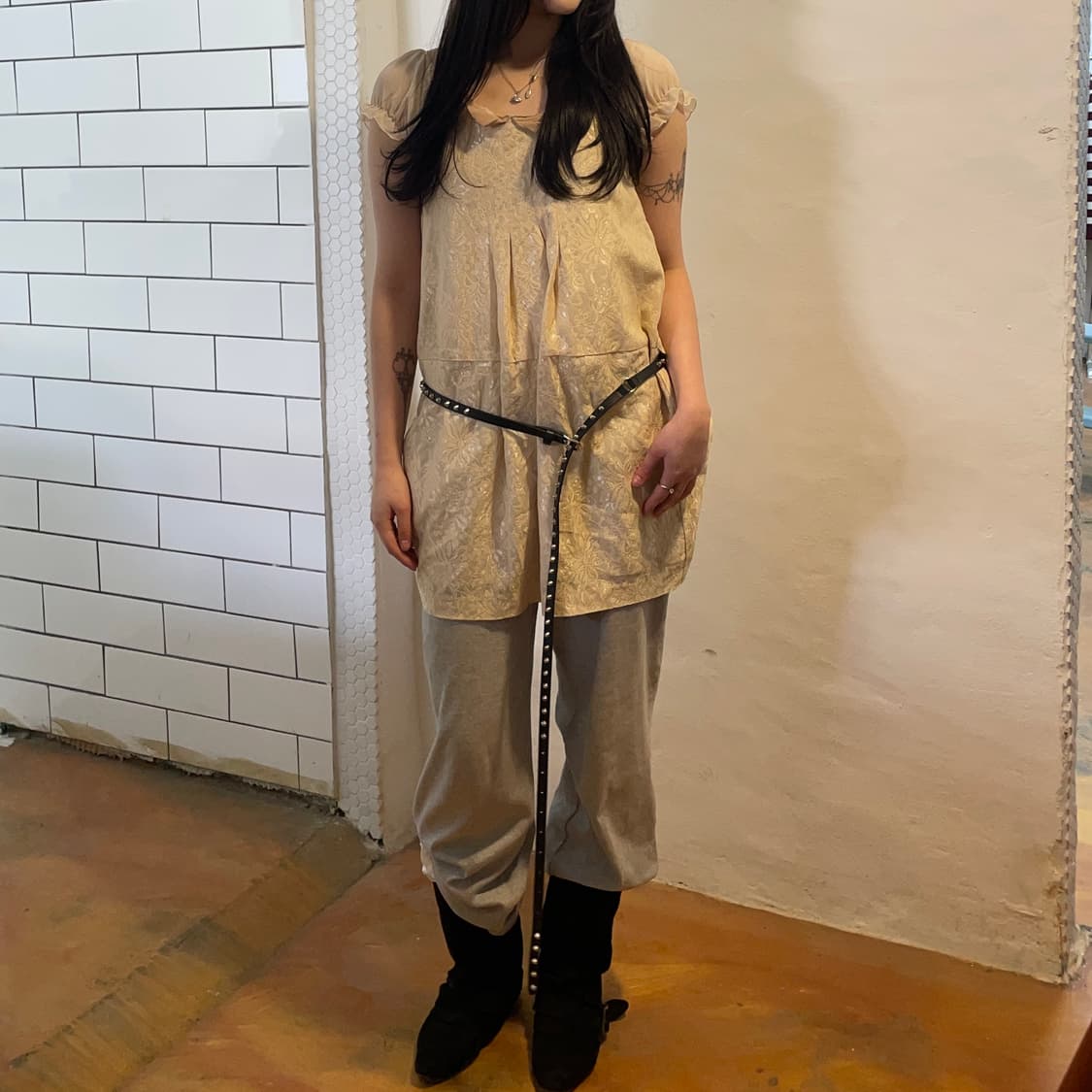 레이빔즈 레이스 퍼프 슬리브 믹스 원피스 상품이미지4