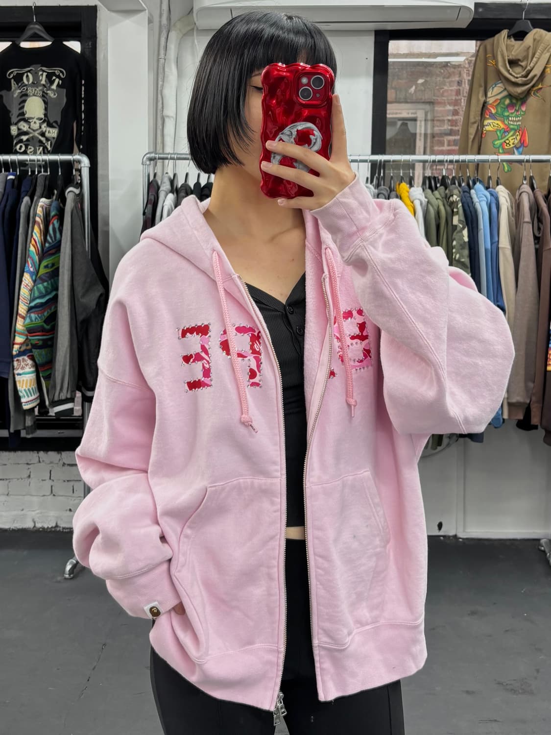 베이프 크리스탈 카모 로고 핑크 후드집업 상품이미지4