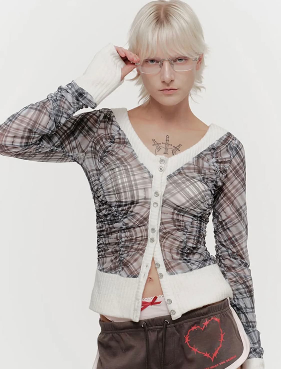 VIKA PLAID MESH CARDIGAN (GREY) 상품이미지1