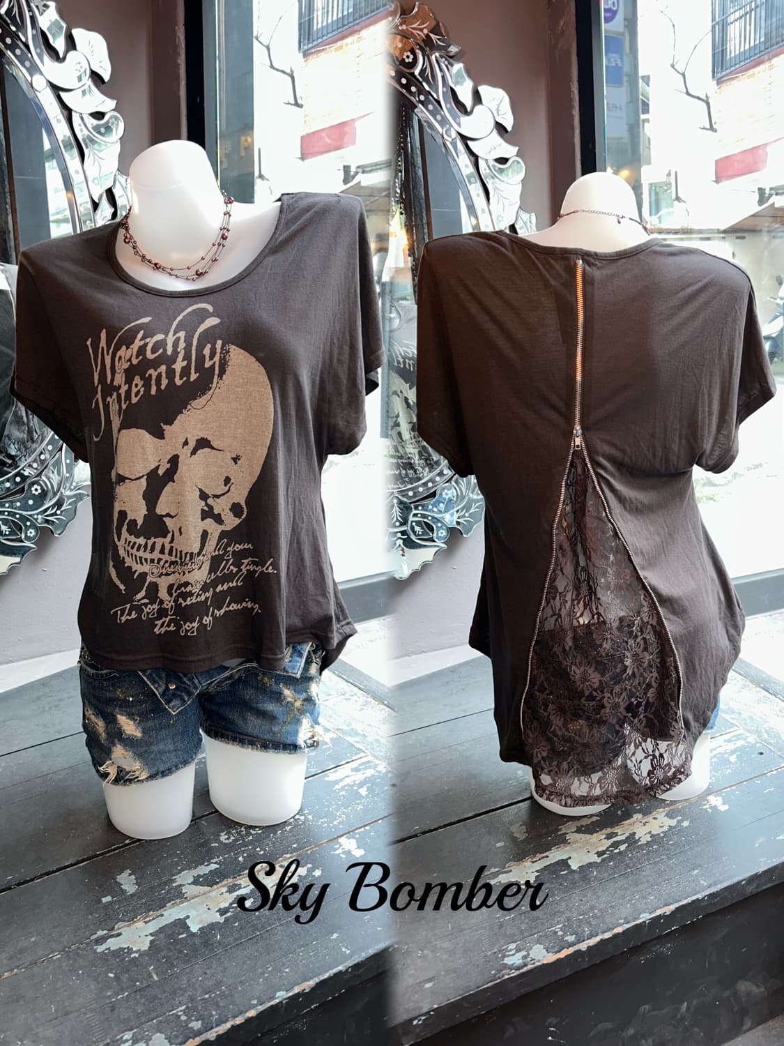Sky bomber 스카이봄버 해골프린팅 뒷면 시스루 반팔티 갸루y2k 상품이미지2