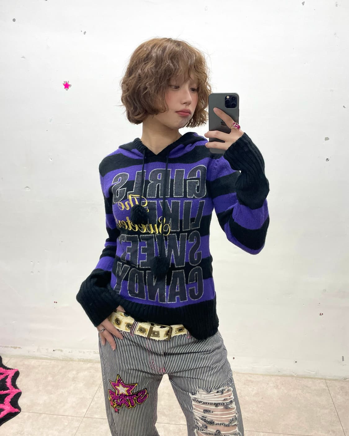 Girl Purple Stripe Knit Hoodie 상품이미지1