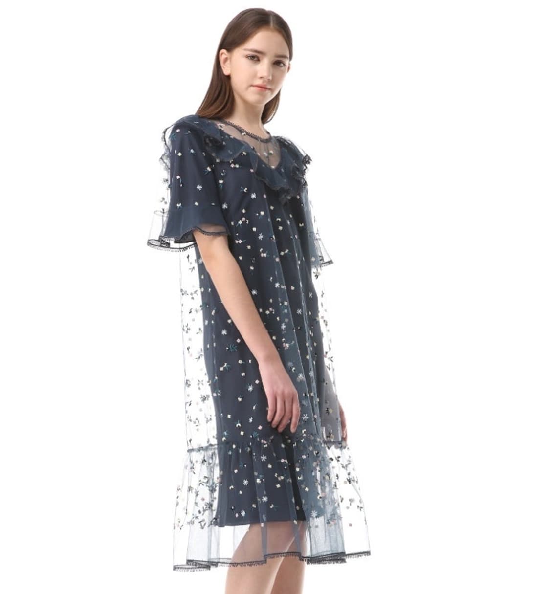 55) 한섬 오즈세컨 자수 시스루 원피스 네이비 상품이미지7