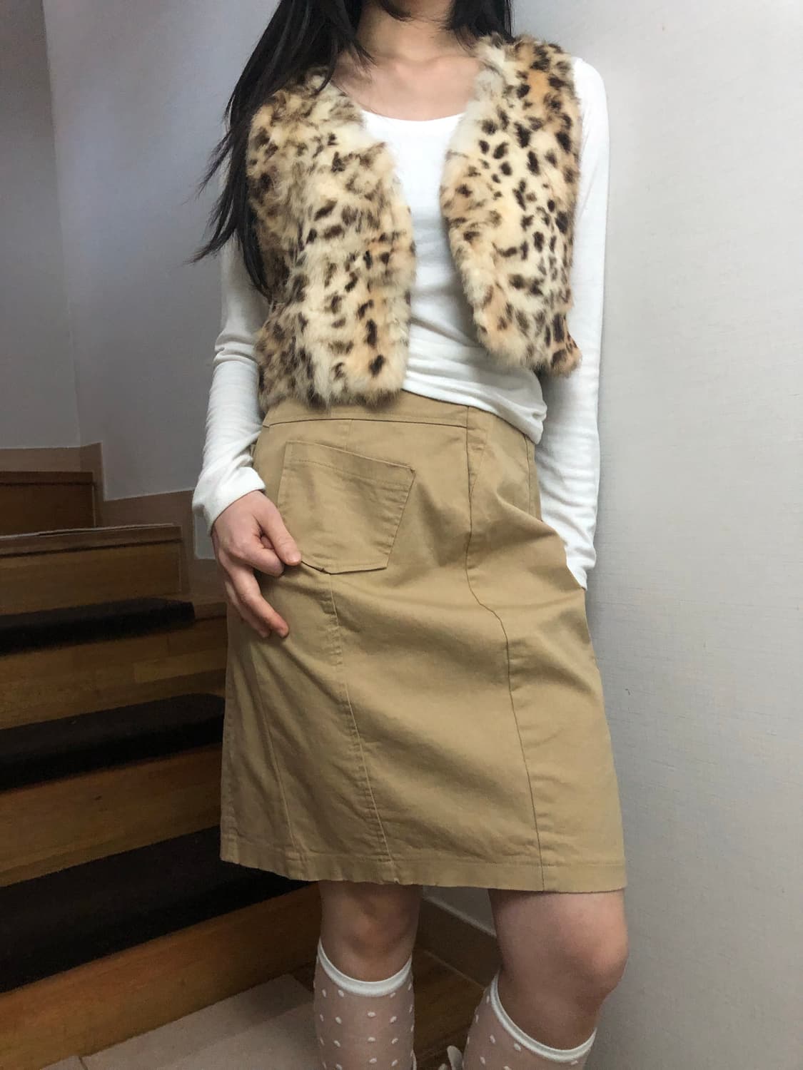 빈티지 베이지 레오파드 래빗 퍼 베스트 상품이미지3