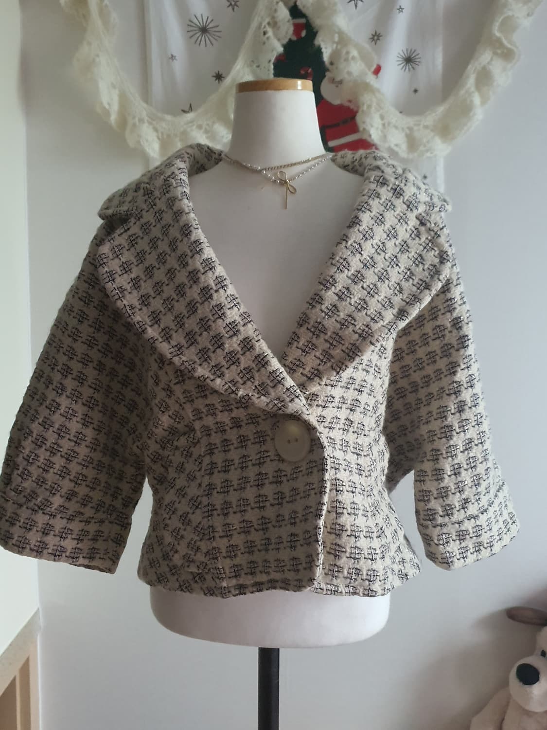 [빈티지] 양모 체크무늬 반팔 트위드 코트 상품이미지2