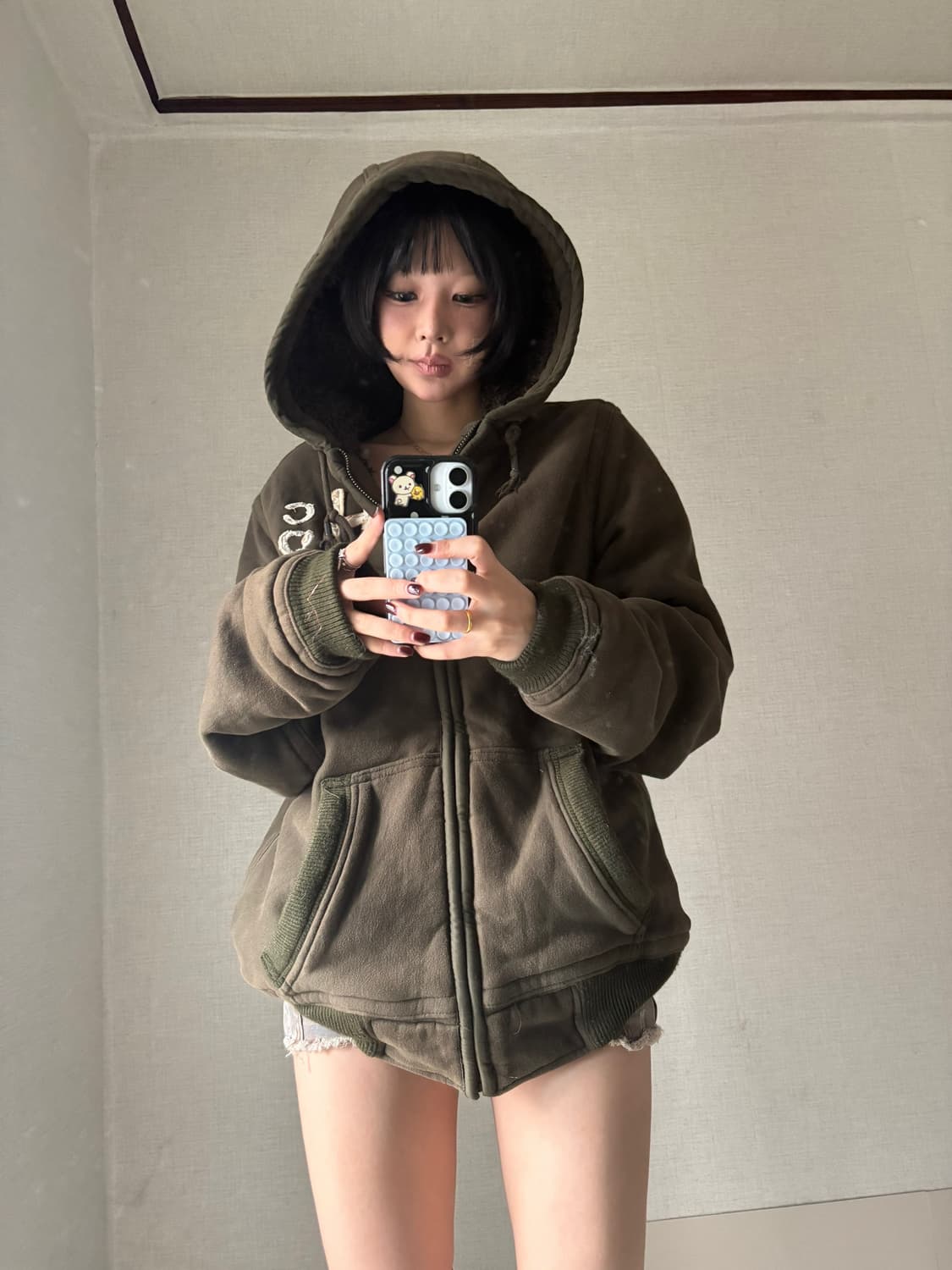홀리스터 워시드 카키 보아털 후드집업 상품이미지1