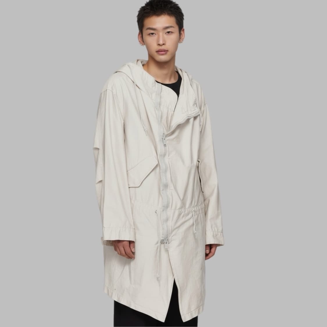 언더커버 베이지 사선 비대칭 드로스트링 후디코트 상품이미지1