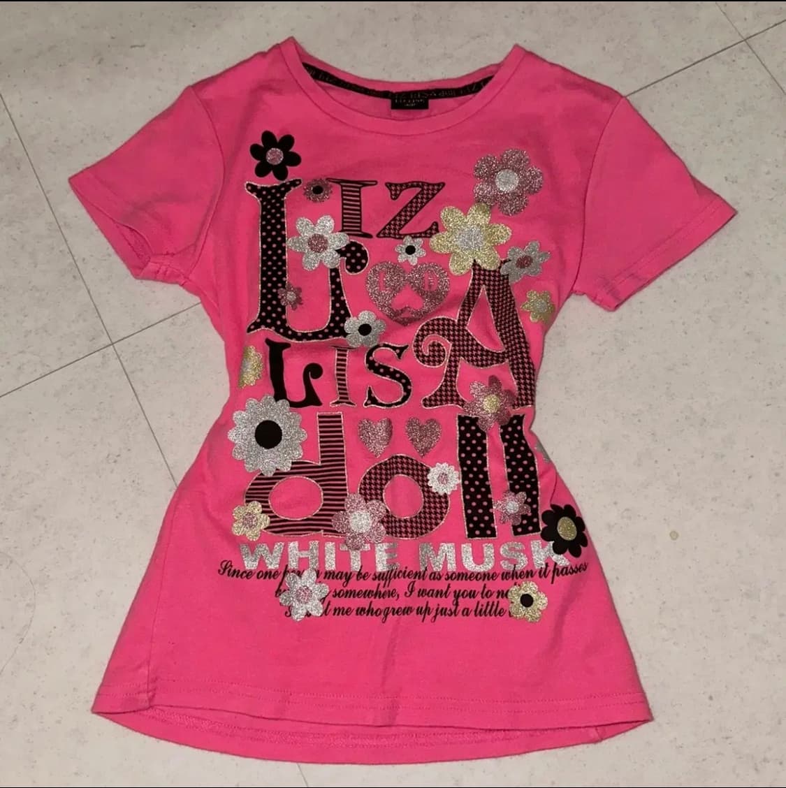 리즈리사 핫핑크 반팔 프린팅 티셔츠 슬림핏 갸루 상품이미지2