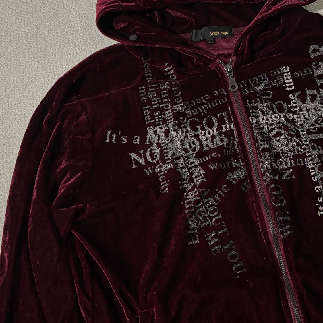 일본빈티지 y2k 다크레드 버건디 레터링 벨벳 후드집업 상품이미지2