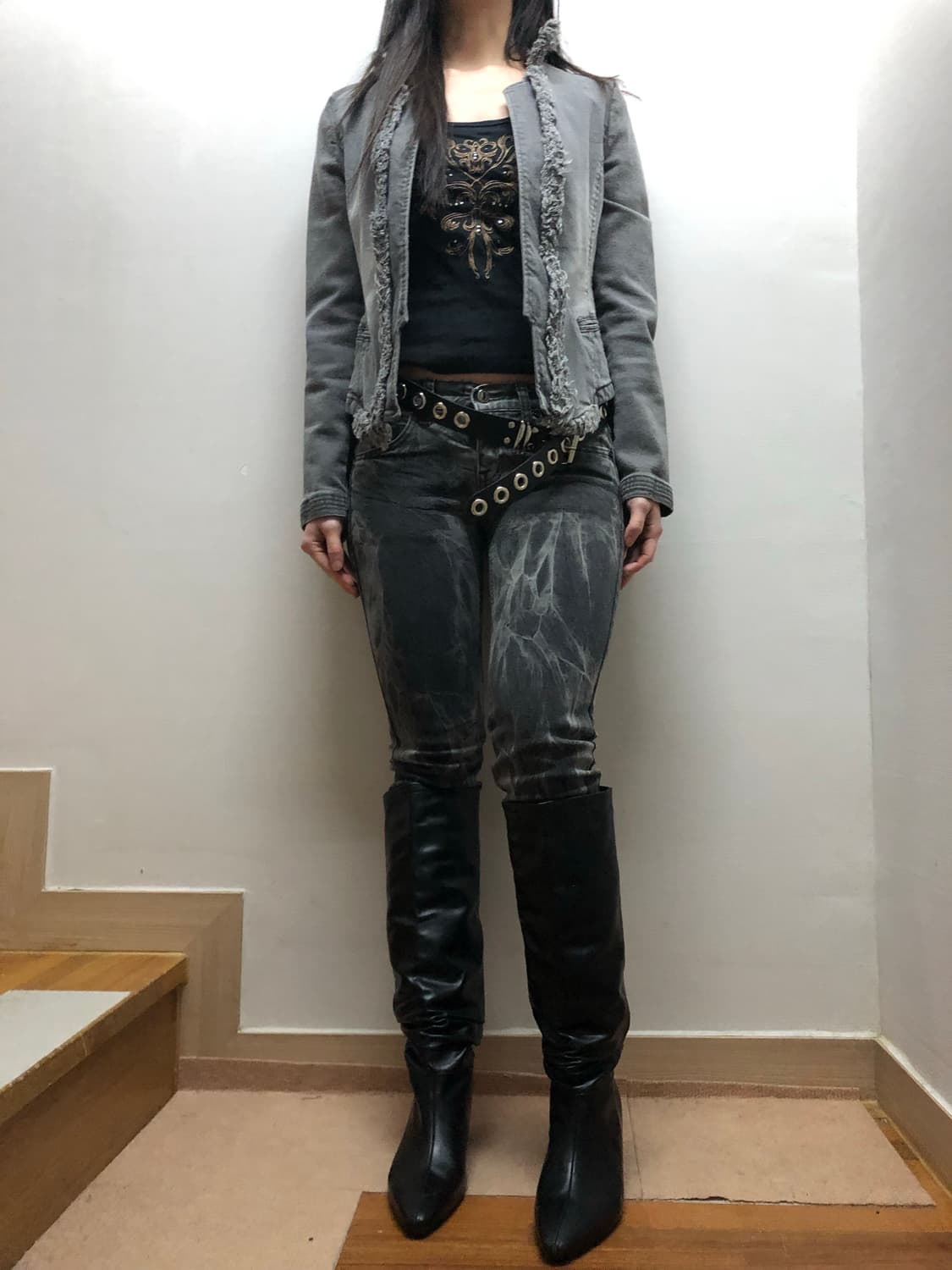 빈티지 블랙 펑크 데님 팬츠 상품이미지4