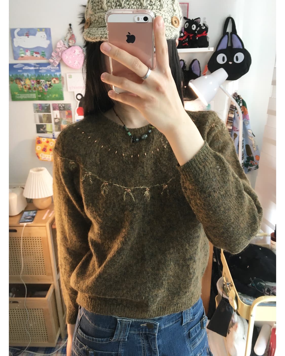 vintage antique pattren round knit olive 상품이미지2
