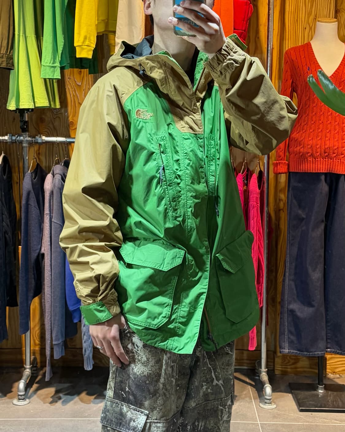 M 노스페이스 하이벤트 골드/그린 배색 나일론 후드집업 상품이미지1