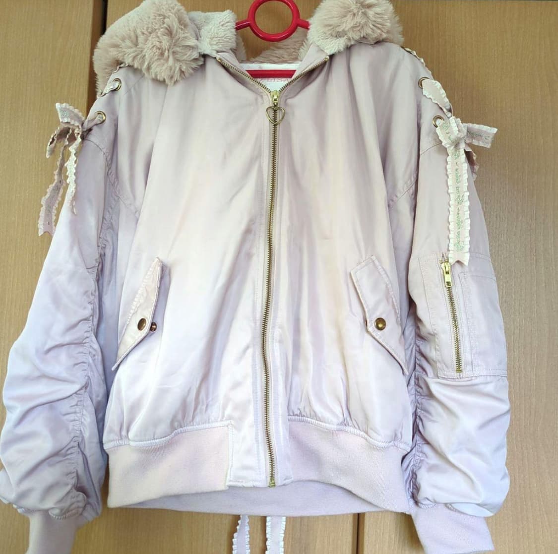 리즈리사 퍼 후드 리본 아일릿 핑크 블루종  상품이미지1