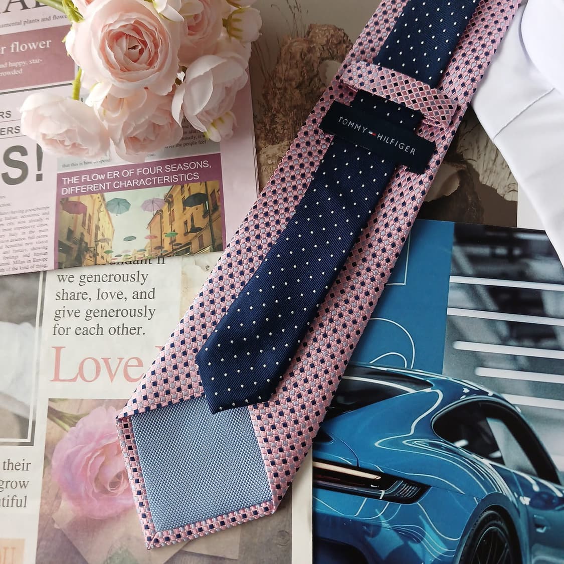 타미힐피거 실크 핑크&네이비 체크 넥타이 8.6cm A+등급 A18815 상품이미지4