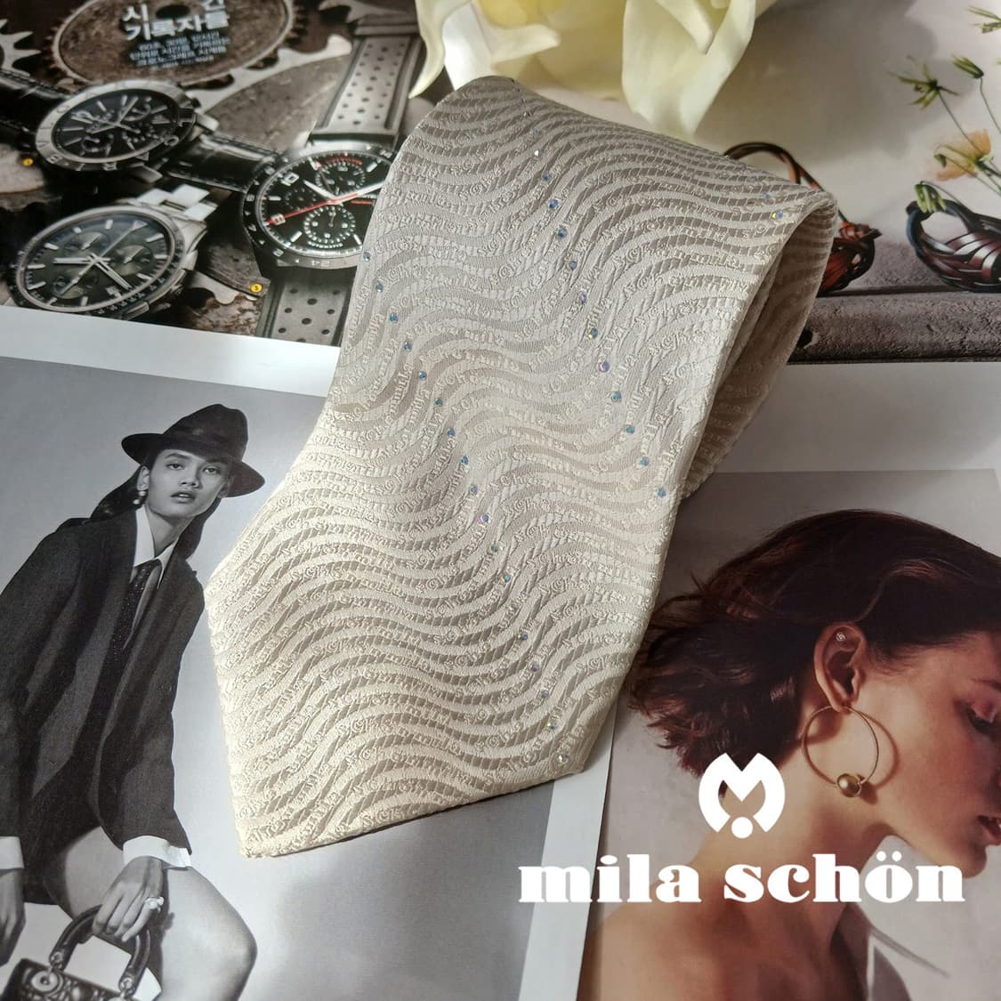 밀라숀 실크 아이보리 자카드 패턴 넥타이 9.4cm A+등급 A19755 상품이미지2