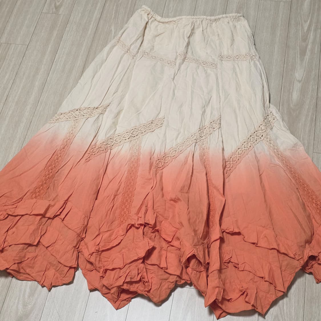 보헤미안 오리엔탈st 오렌지 나염 패치워크 레이스 롱스커트 상품이미지1