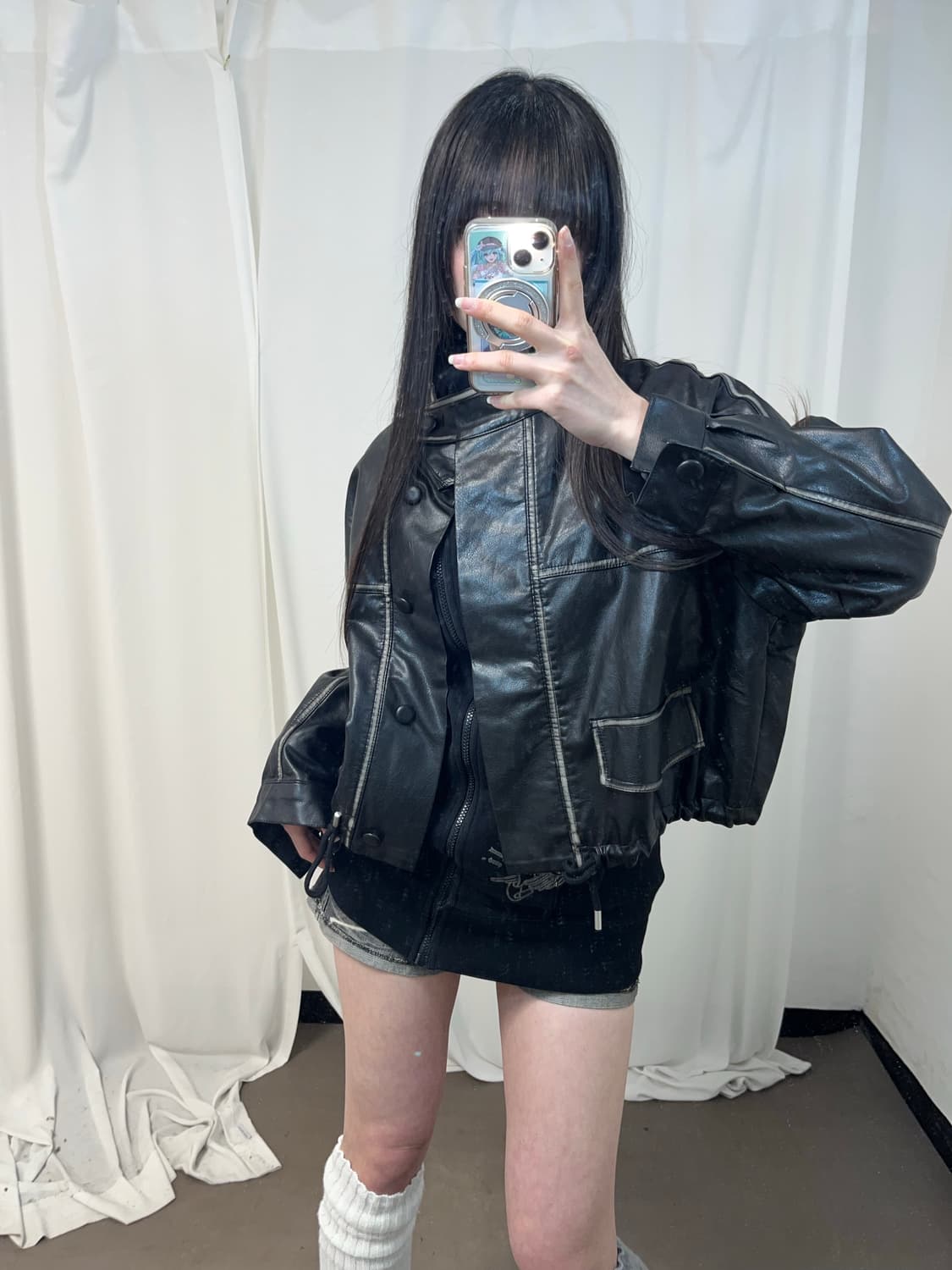 블랙 워싱 버튼 레더 자켓 상품이미지2