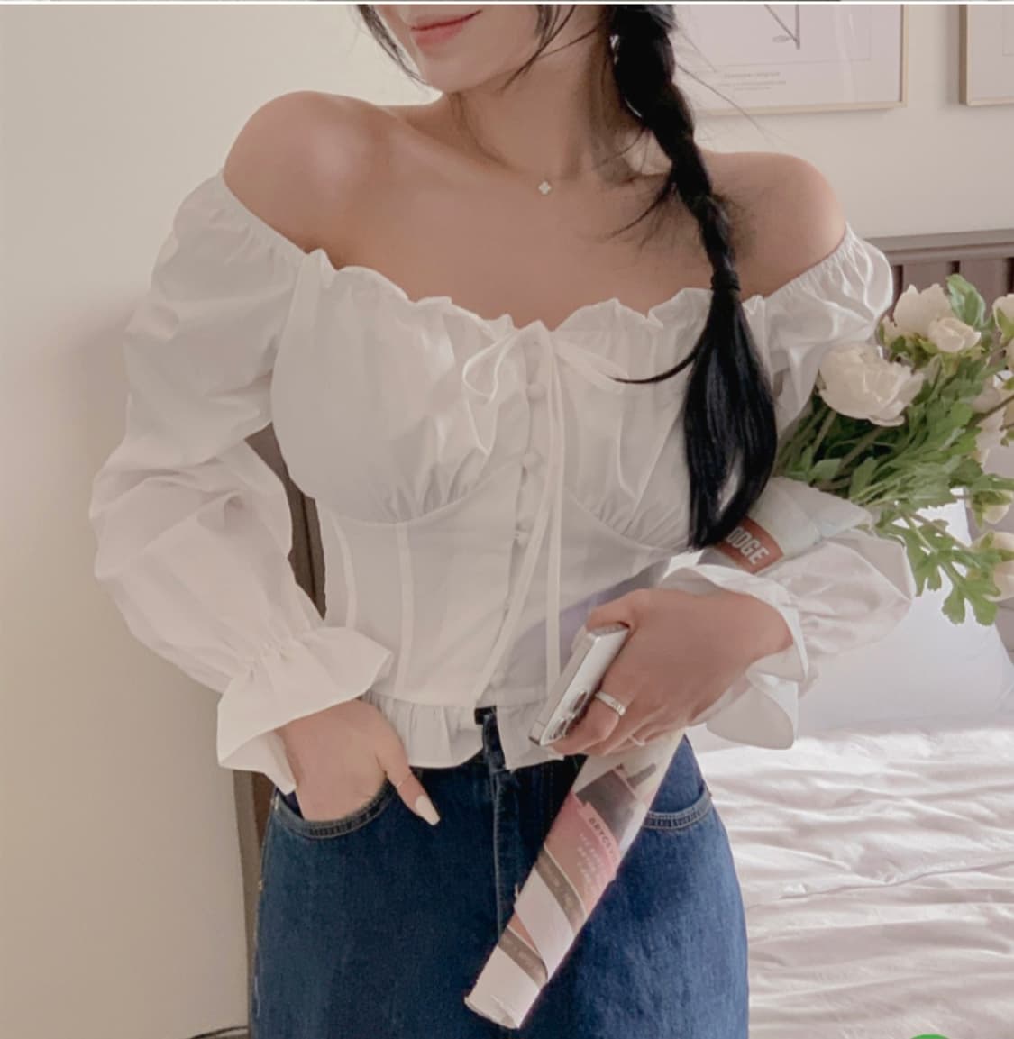 화이트 퍼프셔링 블라우스 상품이미지5