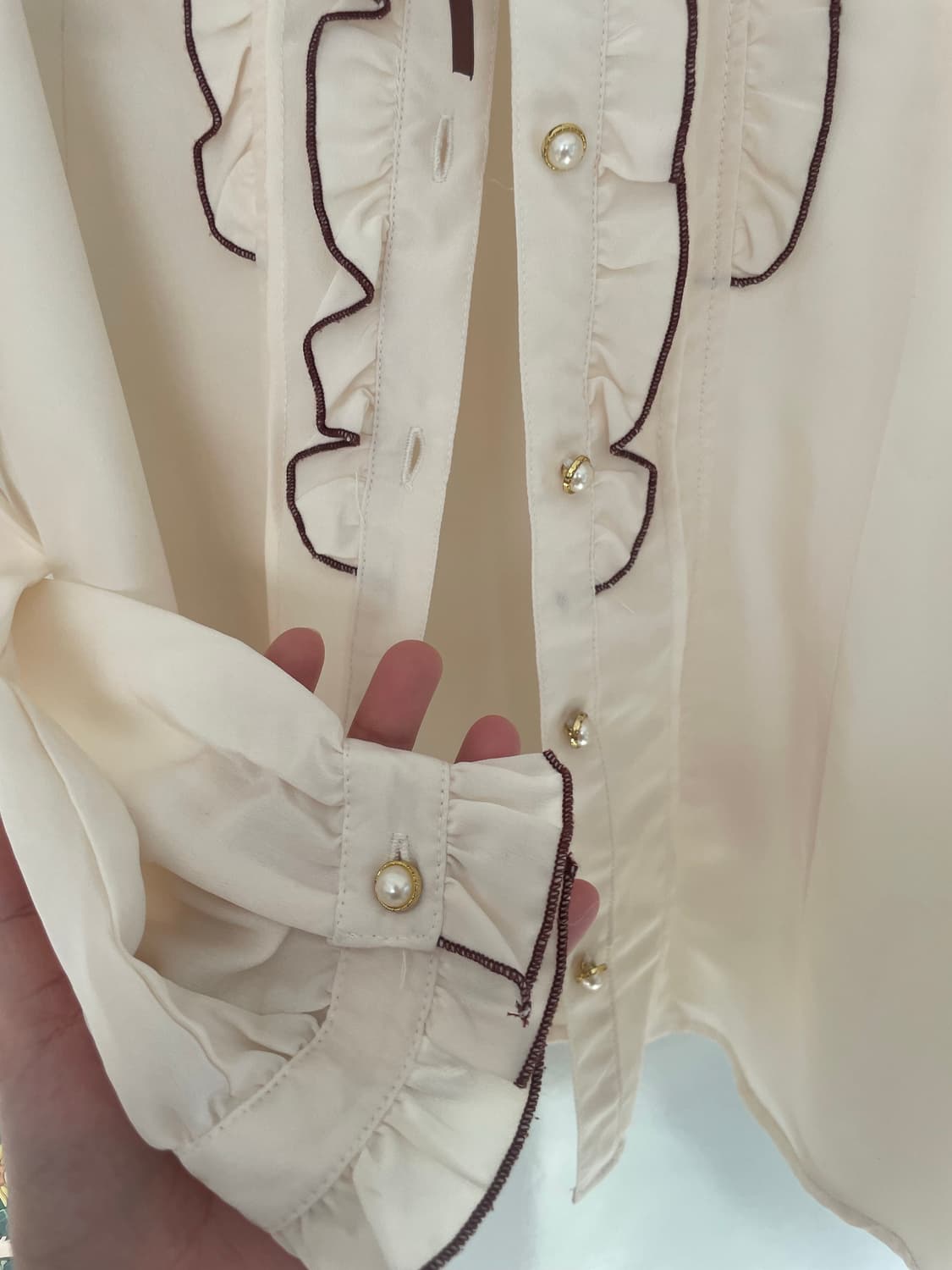 빈티지 모리걸 로리타 프릴 장식 아이보리 블라우스 브라운 상품이미지4